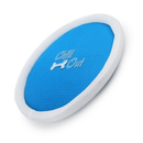 Blue disk dog toy with a white trim, blue text in centre says 'chill out' with a small picture of a dog bone amongst the text pictured on a white background. 