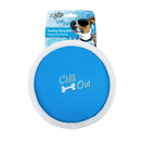 Blue disk dog toy with a white trim, blue text in centre says 'chill out' with a small picture of a dog bone amongst the text. Packaged on a backing card with a Jack Russell dog with sunglasses on. Text on cardboard says 'Chill out' and 'Floating Flying Disk' pictured on a white background. 