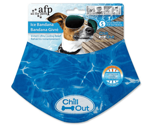 Blue bandana with wave design, with white oval with 'Chill Out' text in blue inside and a small blue dog amongst the text. Backed on cardboard packaging, with a Jack Russell with sun glasses pictured on the packaging with text 'Ice Bandana', 'Instant Ultra Cooling Relief', 'Chill Out' and 'Keeping Dog Cool' 