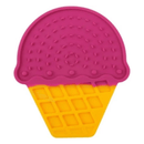 Silicone ice cream shaped lick mat with a pink top with a yellow waffle cone detailed bottom on a white background. 