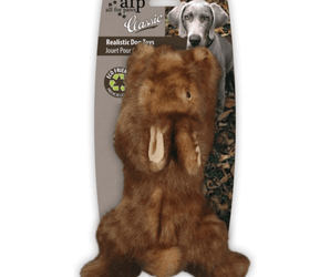 Brown rabbit dog toy on a cardboard backing which pictures a Weimaraner dog with white text 'All for Paws Classic' and 'Realistic Dog Toys'. Pictured on a white background. 