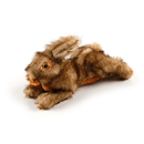 Brown rabbit dog toy with stitch eye details lying on a white background. 