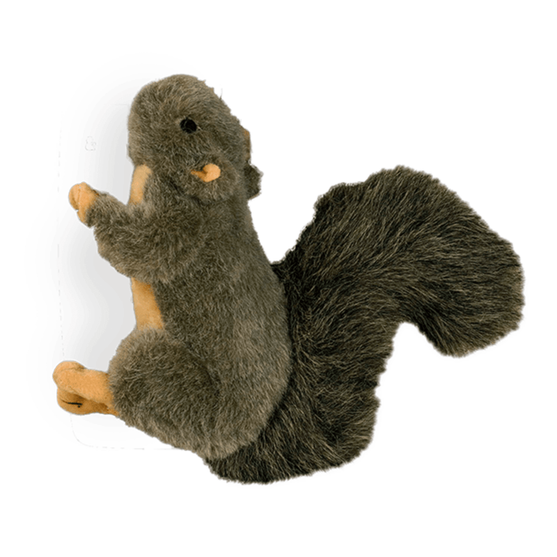 Grey Squirrel plush dog toy with a darker grey fluffy tail pictured on a white background. 
