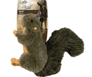 Grey Squirrel plush dog toy with a darker grey fluffy tail pictured on a cardboard backing which has a brown Labrador pictured on it with white text 'All for Paws, Classic' and 'Squirrel'. 
