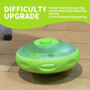 UFO shaped treat dispenser with green central and top parts with main body in grey on a laminate floor. A bright green banner with white text say 'Difficulty Upgrade. Decide how long your dog will be playing by adjusting the size of the treat dispensing opening.' 