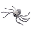 Grey spider toy with a white wool body with it's legs spread out on a white background. 