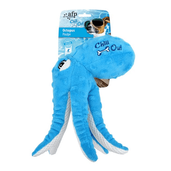 Blue and white octopus dog toy with stitch detail of a dog bone and text 'Chill Out', packaged onto cardboard backing. 