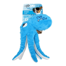 Blue and white octopus dog toy with stitch detail of a dog bone and text 'Chill Out', packaged onto cardboard backing. 