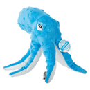 Blue and white octopus dog toy with stitch detail of a dog bone and text 'Chill Out', with a circular tag on one of the legs with text 'Soak in Water'. 