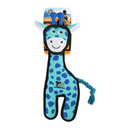 Blue Giraffe dog toy with black  trimming, a blue rope tail and a white muzzle which features a smile. Packaged on a backing card on a white background.