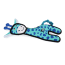 Blue Giraffe dog toy laid flat with black  trimming, a blue rope tail and a white muzzle which features a smile on a white background.