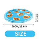 Blue circular cooling mat with orange papaya fruit pattern lying flat on a white background with black text '60cm/23.6in' indicating the width and '0.8cm/0.3in' indicating the height. Underneath is a blue banner with white text saying 'Size'. 