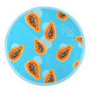 Blue circular cooling mat with orange papaya fruit pattern on a white background. 