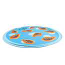 Blue circular cooling mat with orange papaya fruit pattern lying flat on a white background.