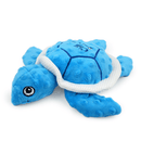 Blue and white turtle dog toy with stitch eye detail and stitch detail of a dog bone and text 'Chill Out' on it's shell. Lying on a white background.