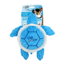 Blue and white turtle dog toy with stitch detail of a dog bone and text 'Chill Out' on it's shell, packaged onto cardboard backing. On a white background.