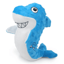 Side view blue and white shark dog toy with stitch detail of teeth and eye on the face and stitch detail of a dog bone and text 'Chill Out' on the side of it's tail. On a white background. 