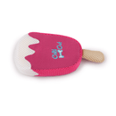 Pink ice lolly plush dog toy with white melted detail effect and blue stitch detail on one side which says 'Chill out' with a stitched dog bone also featured all pictured on a white background. 