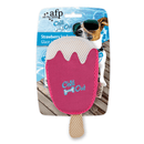 Pink ice lolly plush dog toy with white melted effect pictured on cardboard backing which has a Jack Russell dog with sunglasses on. Packaging text says 'strawberry Ice Cream' and 'soak in water' pictured on a white background. 