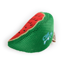 Side view of watermelon plush dog toy with blue stitch detail on the back which says 'Chill out' with a stitched dog bone also featured all pictured on a white background. 