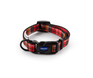 White background with a red tartan dog collar with a black plastic clip with 'ancol' written inside. 