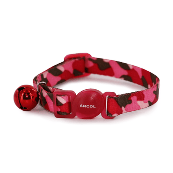 White background with a Ancol Pink camouflage cat collar with a red plastic safety buckle and a red bell pictured. 