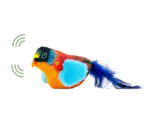 An Ancol chirping multicoloured Bullfinch bird shaped plush cat toy, shown on a white background.