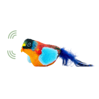 An Ancol chirping multicoloured Bullfinch bird shaped plush cat toy, shown on a white background.