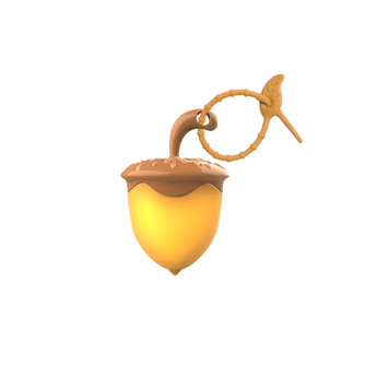 A small acorn-shaped LED light for a dog collar with a warm yellow body, brown cap, and tan loop, shown on a plain white background.