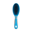 White background with a small blue and grey Ergo Soft Bristle Brush for dogs. 
