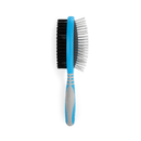 White background with a side on view blue and grey Ergo Double-sided Brush for dogs, showing both a metal bristle side and a soft bristle side.  