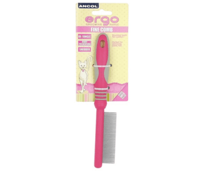 White background with a pink and grey Ergo Cat Fine Comb with metal teeth, attached to a cardboard backing. 
