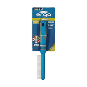 White background with a blue and grey Ergo Flea Comb with metal teeth, attached to a cardboard backing. 