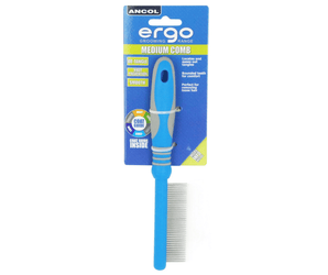 White background with a blue and grey Ergo Medium Comb with metal teeth, attached to a cardboard backing. 