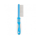 White background with a blue and grey Ergo Moulting Comb with metal teeth. 