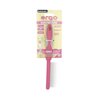 White background with a pink and grey Ergo Cat Moulting Comb with metal teeth, attached to a cardboard backing. 