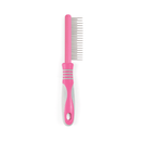 White background with a pink and grey Ergo Moulting Comb with metal teeth. 