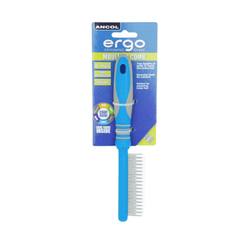 White background with a blue and grey Ergo Moulting Comb with metal teeth, attached to a cardboard backing. 