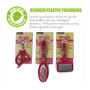 White background with three Ancol Ergo pet grooming tools pictured, Scissor clippers, Soft Bristle Brush and a Slicker. Text above says 'Reduced Plastic Packaging', 'As part of our plan to do our bit for the environment, our new Ergo packing features a 99% plastic reduction, saving tonnes of plastic each year.'