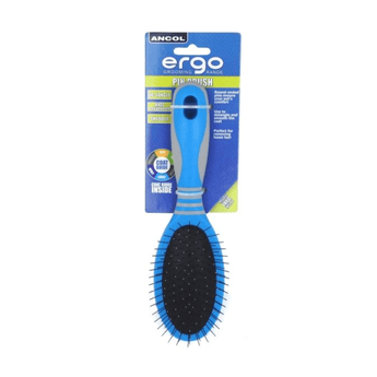 White background with a small blue and grey Ergo Pin Brush for dogs attached to a cardboard packaging. 