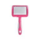 White background with a pink and grey Ergo Slicker Bristle Brush for cats.