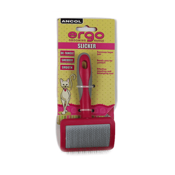 White background with a pink and grey Ergo Slicker Bristle Brush for cats, attached to a cardboard backing. 