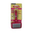 White background with a pink and grey Ergo Slicker Bristle Brush for cats, attached to a cardboard backing. 