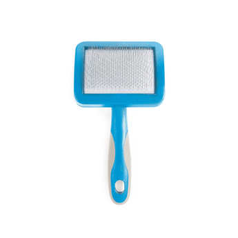 White background with a small blue and grey Ergo Slicker Brush with metal teeth. 