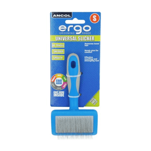 White background with a small blue and grey Ergo Slicker Brush with metal teeth , attached to a cardboard backing. 