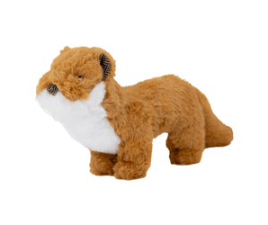 An Ancol Heritage weasel plush dog toy with brown fur, a white chest, and plaid patterned ears, shown against a plain white background.
