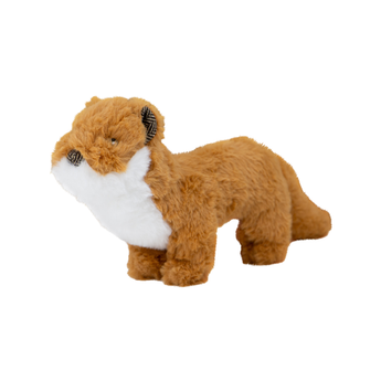 An Ancol Heritage weasel plush dog toy with brown fur, a white chest, and plaid patterned ears, shown against a plain white background.