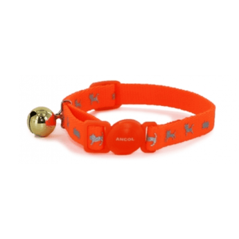 An Ancol orange adjustable cat collar with a small gold bell and grey reflective silhouette cat pattern, shown on a plain white background.