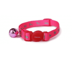 An Ancol bright pink adjustable cat collar with a small gold bell and grey reflective silhouette cat pattern, shown on a plain white background.