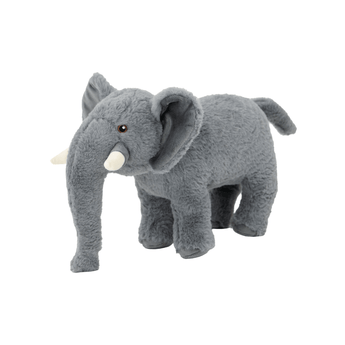An Ancol grey plush elephant dog toy with white tusks, pictured on a white background.